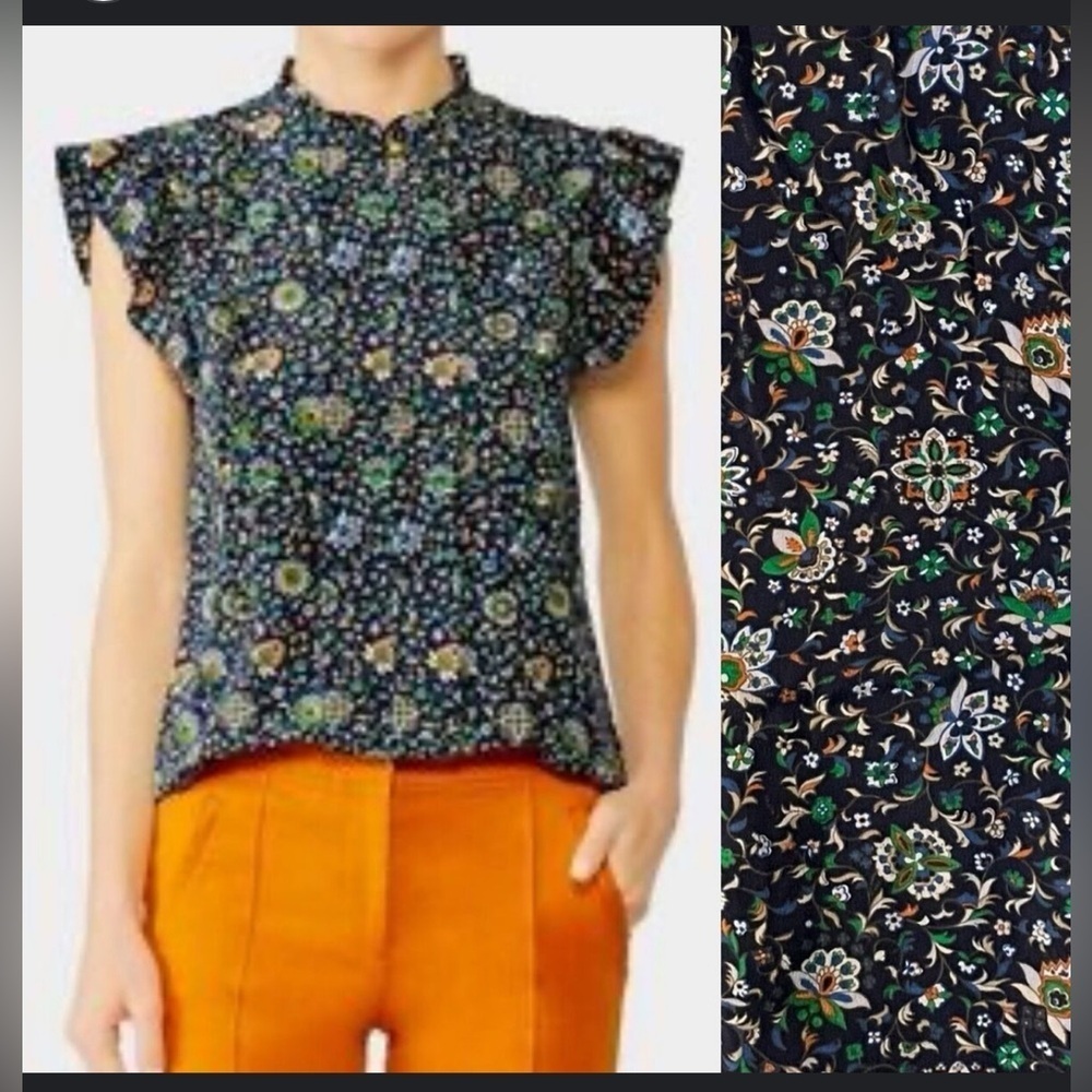 Tory Burch blue floral print silk blouse whimsical fairy dainty short sleeve